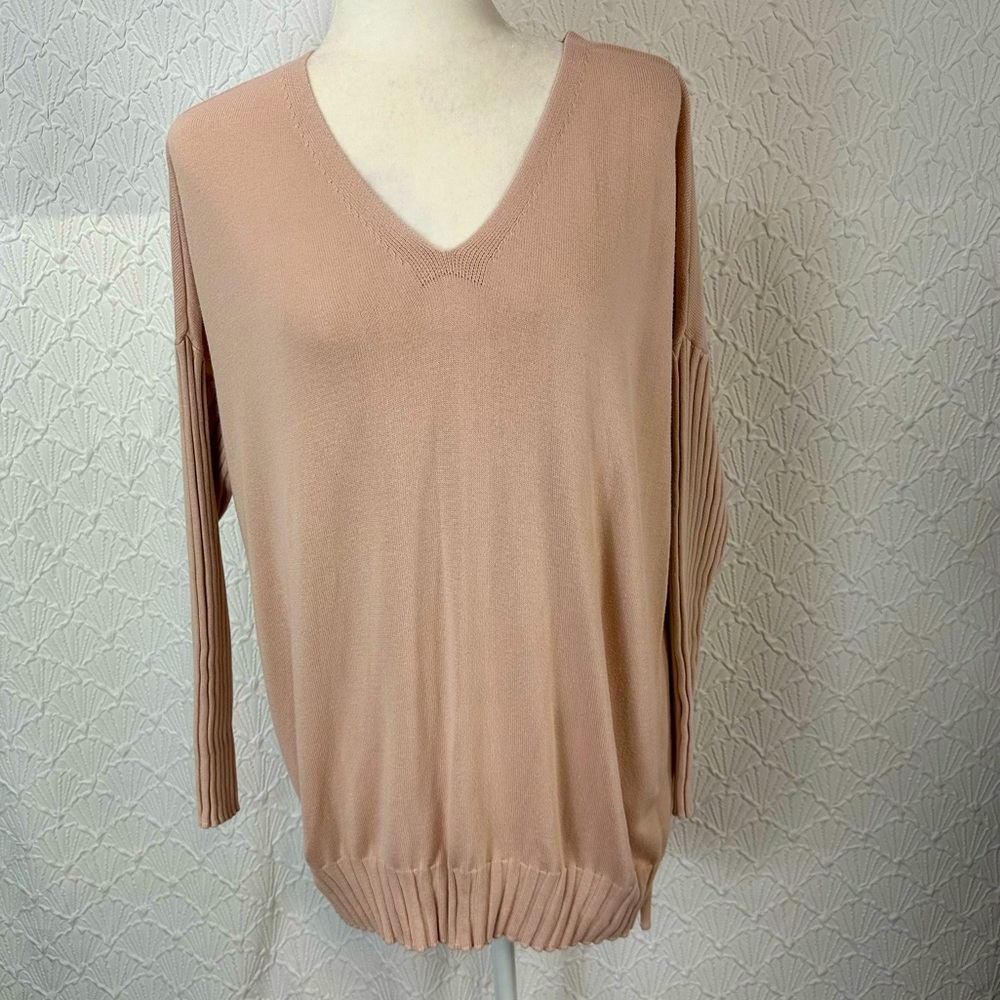 Adrianna Papell Knit Mauve V Neck Ribbed Long Sleeve Sweater Women’s size L